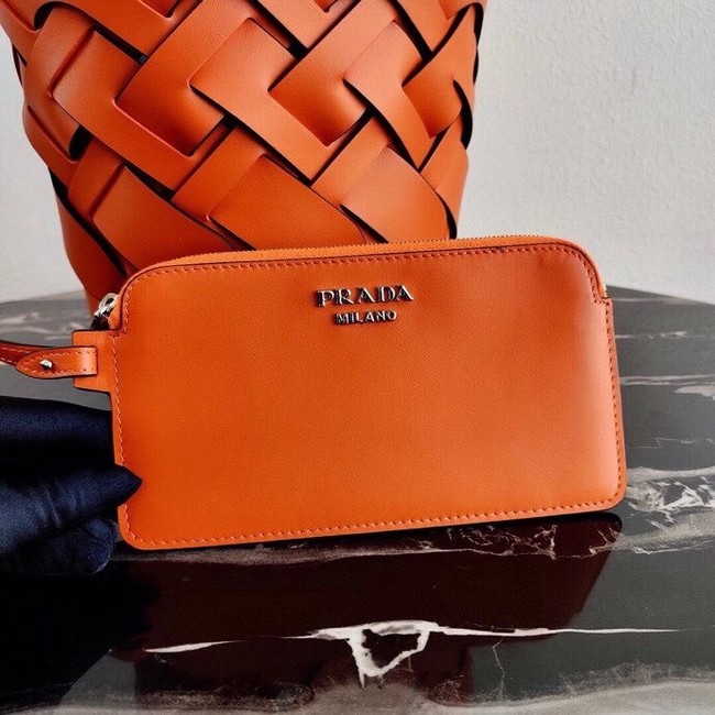 Prada Original Leather Woven Pattern Bucket Bag 1BG049 orange