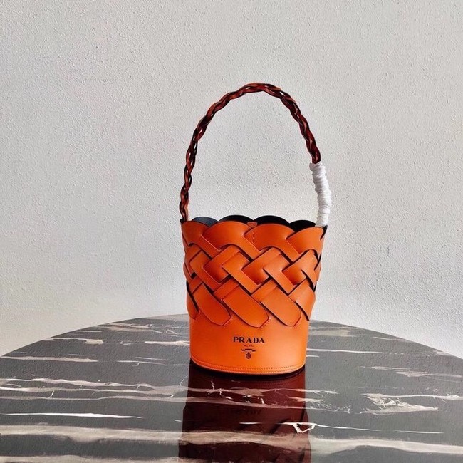 Prada Original Leather Woven Pattern Bucket Bag 1BG049 orange