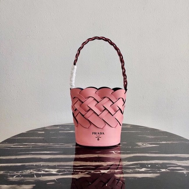 Prada Original Leather Woven Pattern Bucket Bag 1BG049 pink