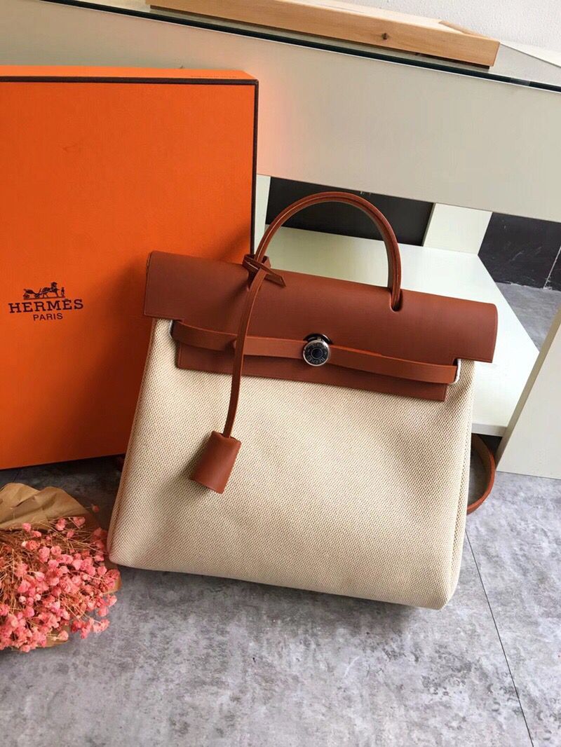 Hermes Herbag 31CM Original Canvas Leather & Calfskin 45987 brown&white