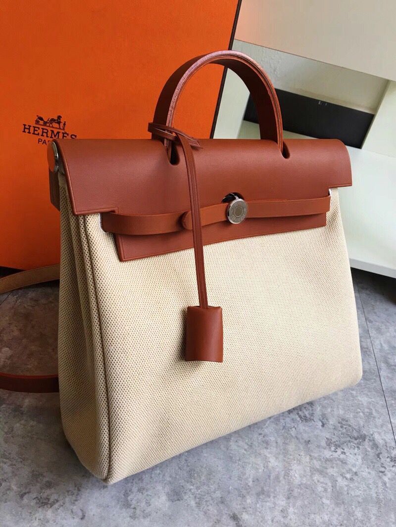 Hermes Herbag 31CM Original Canvas Leather & Calfskin 45987 brown&white