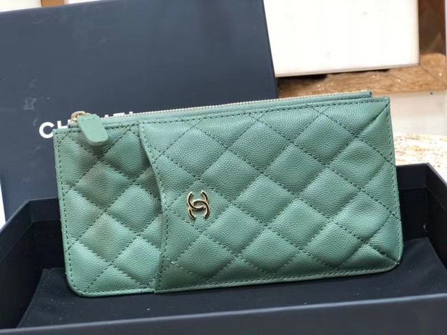 Chanel Calfskin Leather Card packet & Gold-Tone Metal A81598 green