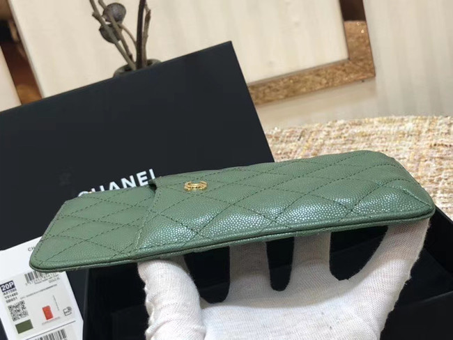 Chanel Calfskin Leather Card packet & Gold-Tone Metal A81598 green