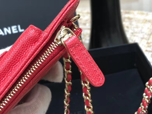 Chanel Calfskin Chain Card packet & Gold-Tone Metal AP0990 red