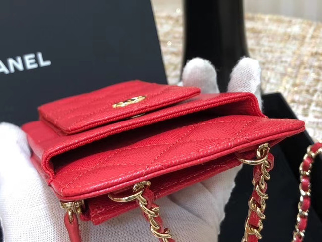 Chanel Calfskin Chain Card packet & Gold-Tone Metal AP0990 red