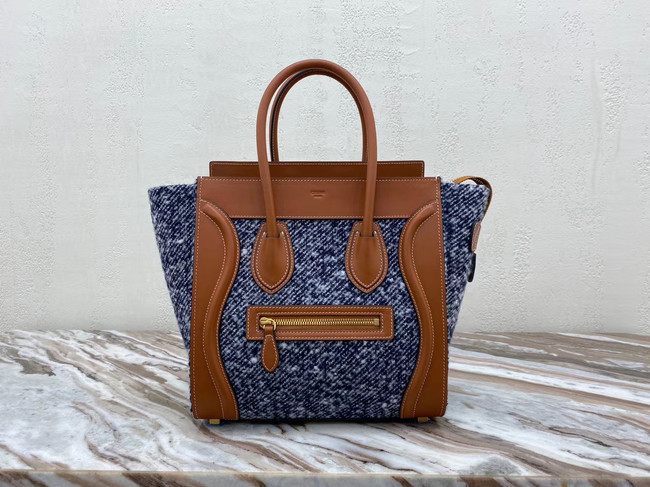 CELINE MICRO LUGGAGE HANDBAG IN TEXTILE AND CALFSKIN 167793 TAN&BLUE