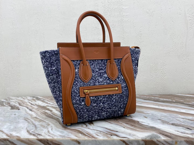 CELINE MICRO LUGGAGE HANDBAG IN TEXTILE AND CALFSKIN 167793 TAN&BLUE