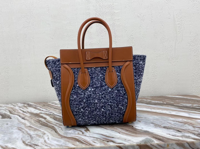 CELINE MICRO LUGGAGE HANDBAG IN TEXTILE AND CALFSKIN 167793 TAN&BLUE