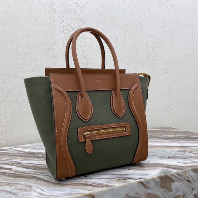 CELINE MICRO LUGGAGE HANDBAG IN TEXTILE AND CALFSKIN 167793 TAN&Khaki