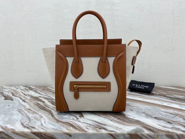 CELINE MICRO LUGGAGE HANDBAG IN TEXTILE AND CALFSKIN 167793 TAN&WHITE