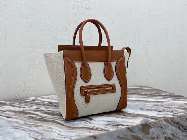 CELINE MICRO LUGGAGE HANDBAG IN TEXTILE AND CALFSKIN 167793 TAN&WHITE