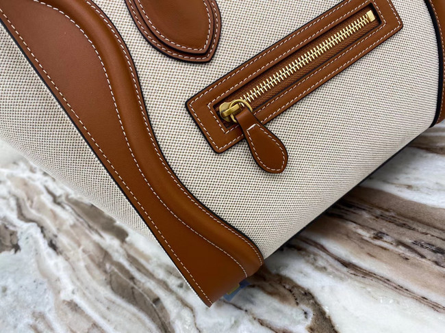 CELINE MICRO LUGGAGE HANDBAG IN TEXTILE AND CALFSKIN 167793 TAN&WHITE