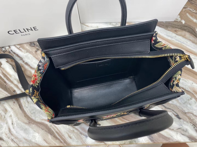 CELINE NANO LUGGAGE BAG IN FLORAL JACQUARD AND CALFSKIN 189242 BLACK