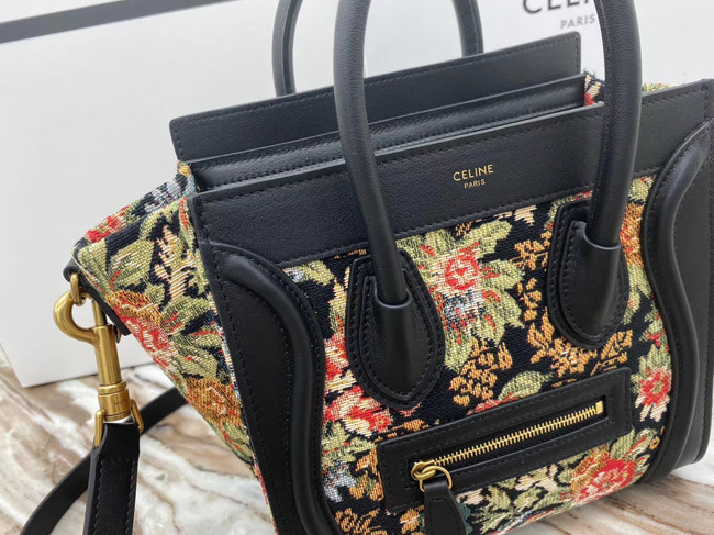 CELINE NANO LUGGAGE BAG IN FLORAL JACQUARD AND CALFSKIN 189242 BLACK