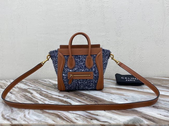 CELINE NANO LUGGAGE BAG IN FLORAL JACQUARD AND CALFSKIN 189242 TAN&BLUE