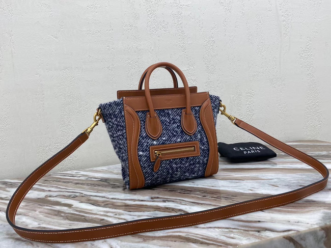 CELINE NANO LUGGAGE BAG IN FLORAL JACQUARD AND CALFSKIN 189242 TAN&BLUE