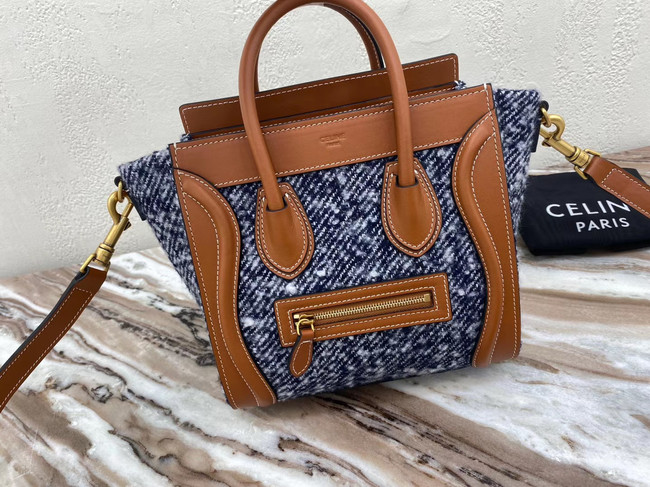 CELINE NANO LUGGAGE BAG IN FLORAL JACQUARD AND CALFSKIN 189242 TAN&BLUE