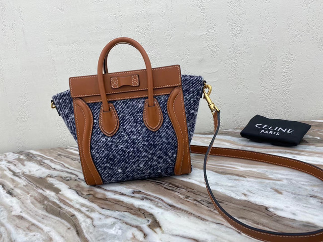 CELINE NANO LUGGAGE BAG IN FLORAL JACQUARD AND CALFSKIN 189242 TAN&BLUE