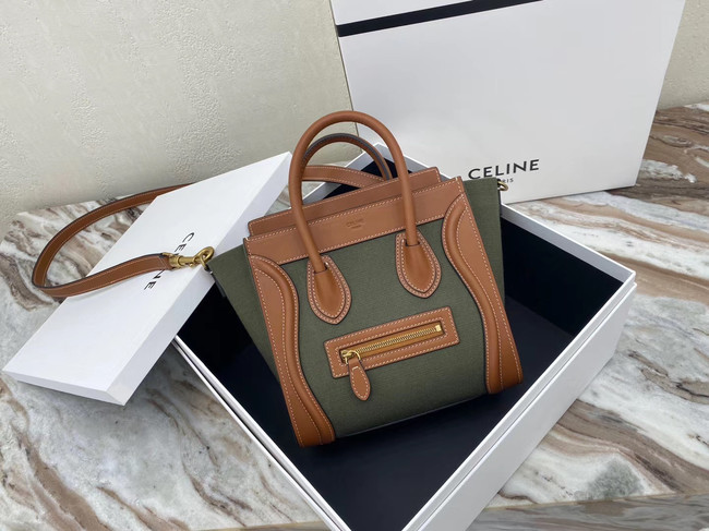 CELINE NANO LUGGAGE BAG IN FLORAL JACQUARD AND CALFSKIN 189242 TAN&Khaki