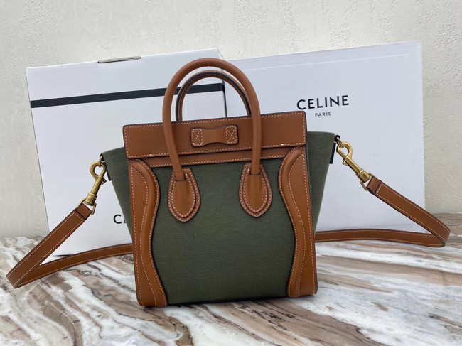 CELINE NANO LUGGAGE BAG IN FLORAL JACQUARD AND CALFSKIN 189242 TAN&Khaki