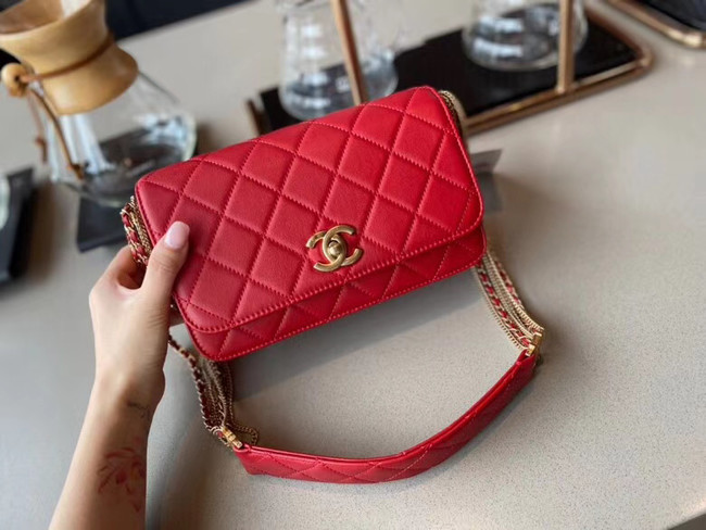 Chanel small flap bag Lambskin & Gold-Tone Metal AS2052 red