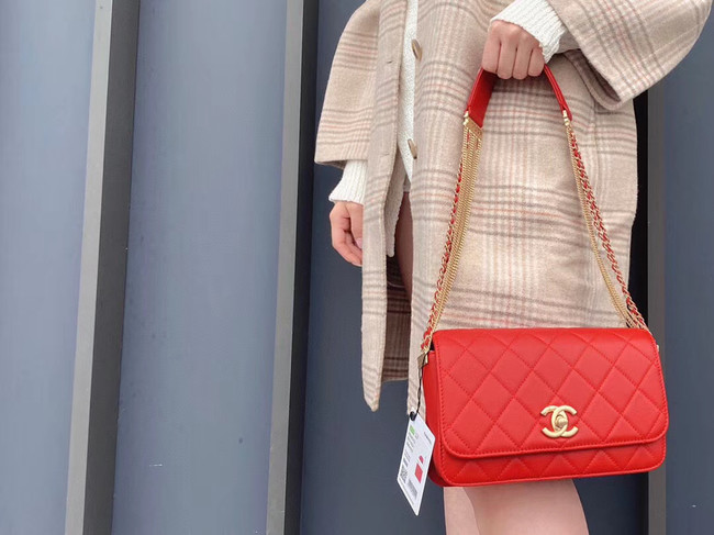 Chanel small flap bag Lambskin & Gold-Tone Metal AS2052 red