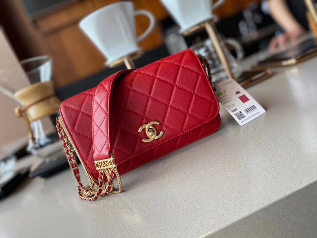 Chanel small flap bag Lambskin & Gold-Tone Metal AS2052 red