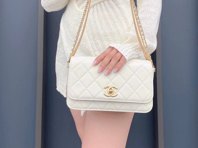 Chanel small flap bag Lambskin & Gold-Tone Metal AS2052 white