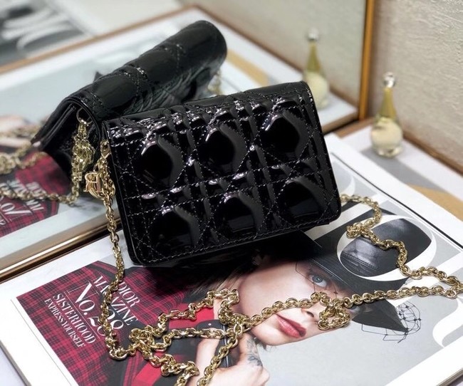 LADY DIOR 5-GUSSET CARD HOLDER WITH CHAIN Patent Cannage Calfskin S0859 black