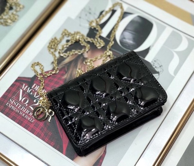 LADY DIOR 5-GUSSET CARD HOLDER WITH CHAIN Patent Cannage Calfskin S0859 black