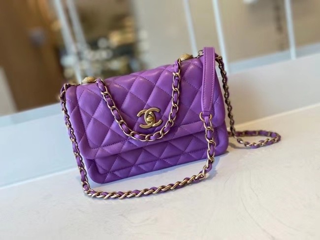 Chanel flap bag Calfskin & Gold-Tone Metal AS2055 purple