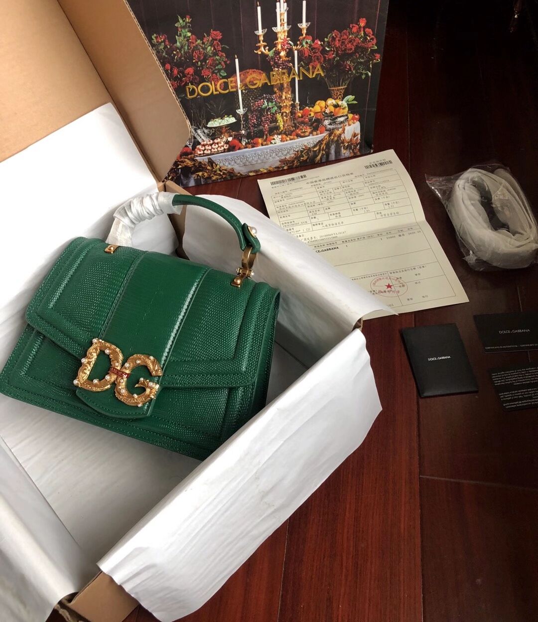 Dolce & Gabbana Origianl Lizard skin Leather Bag 4916F Blackish green