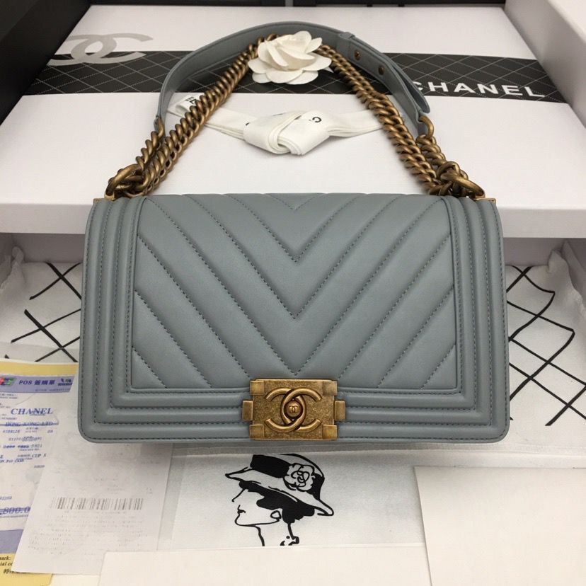 Boy Chanel Flap Bag Original Chevron Leather Gray A67086V Bronze Buckle