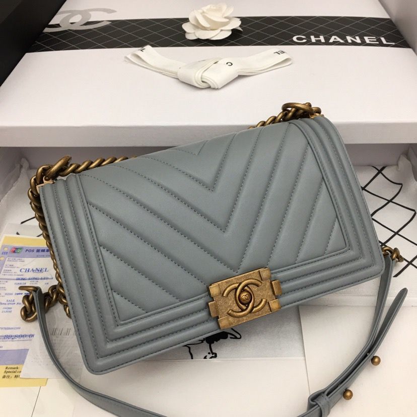 Boy Chanel Flap Bag Original Chevron Leather Gray A67086V Bronze Buckle