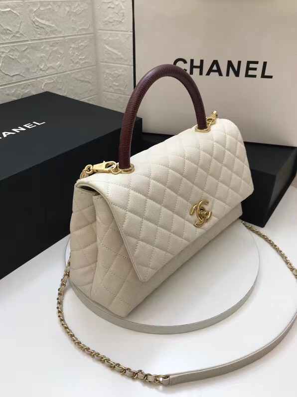 Chanel flap bag with red top handle A92991 white