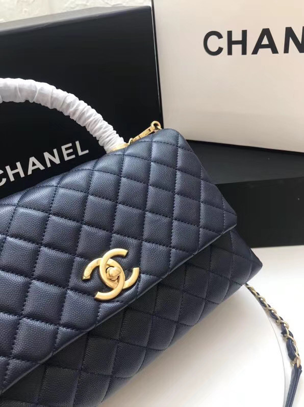 Chanel flap bag with top handle A92991 dark Blue