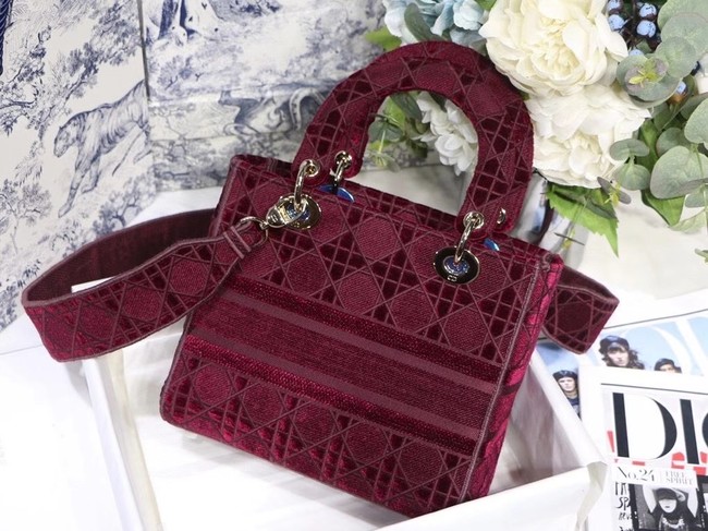 MEDIUM LADY D-LITE BAG Burgundy Cannage Embroidered Velvet M0565OW