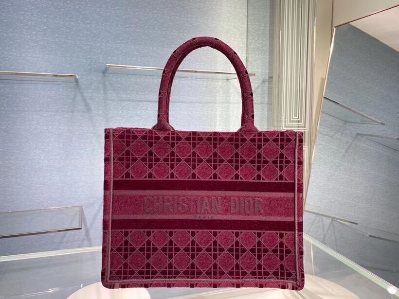 SMALL DIOR BOOK TOTE Burgundy Cannage Embroidered Velvet M1287Z