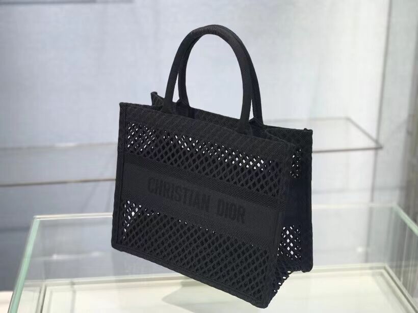 SMALL DIOR BOOK TOTE Black Mesh Embroidery M1296Z