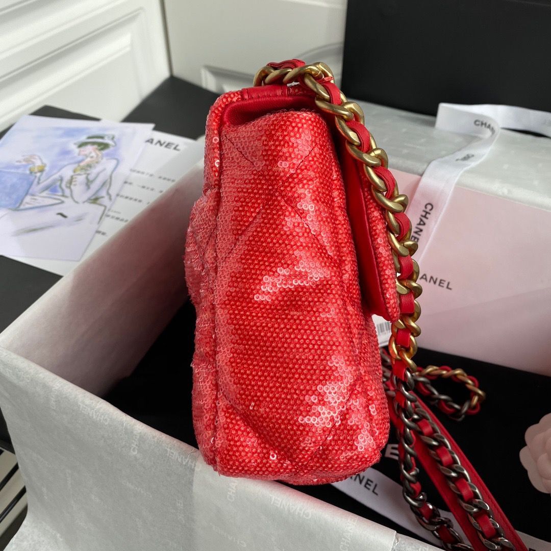 Chanel 19 Flap Bag Original Beads Leather AS1160 Red