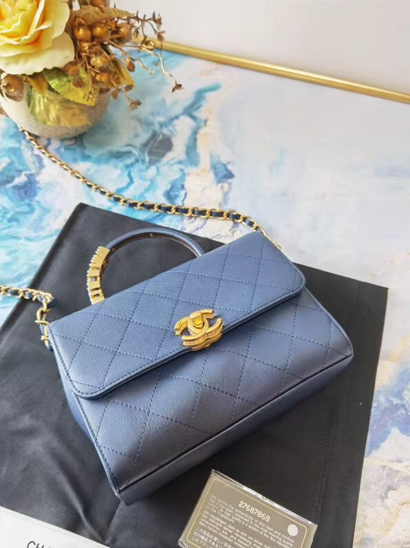 Chanel small tote bag Sheepskin & Gold-Tone Metal AS2059 blue