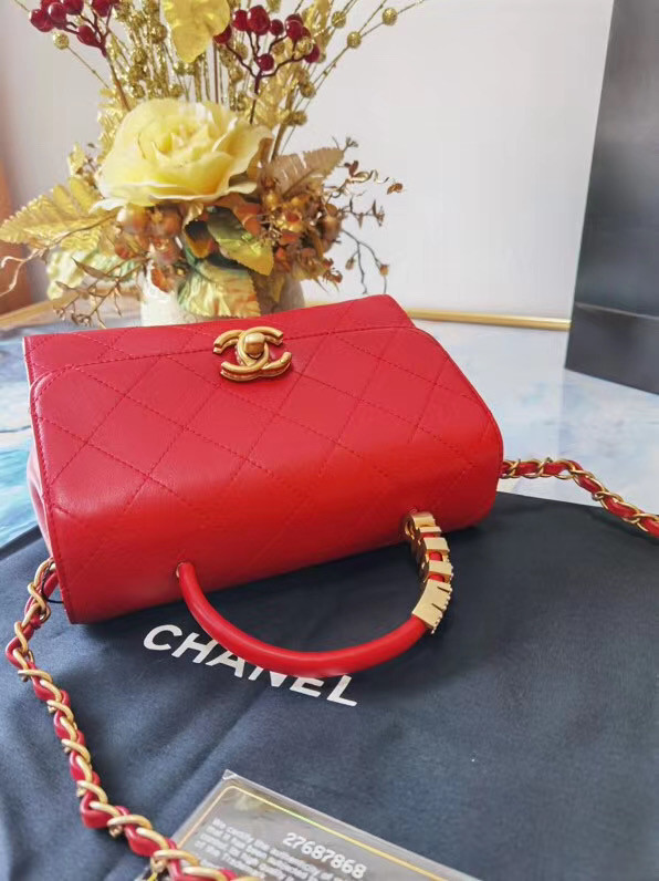 Chanel small tote bag Sheepskin & Gold-Tone Metal AS2059 red