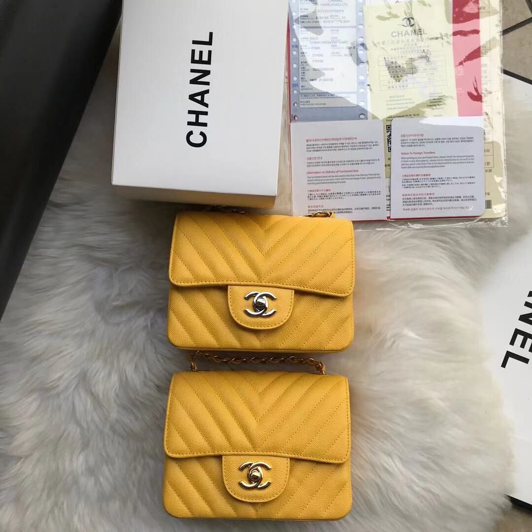 Chanel Classic mini Flap Bag Chevron Caviar Leather A68748 Yellow