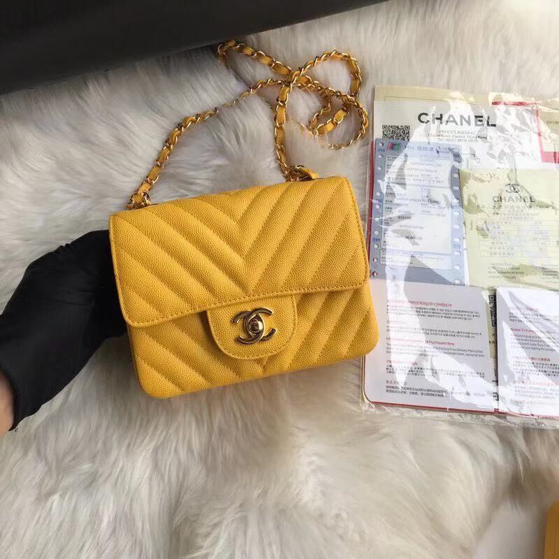 Chanel Classic mini Flap Bag Chevron Caviar Leather A68748 Yellow