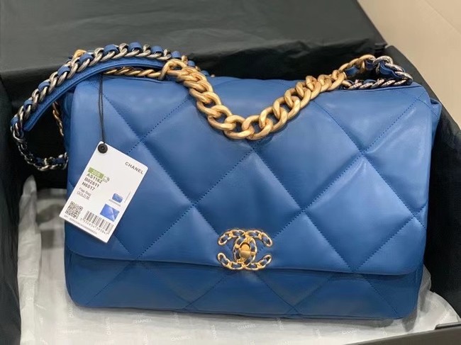 chanel 19 large flap bag AS1162 dark blue