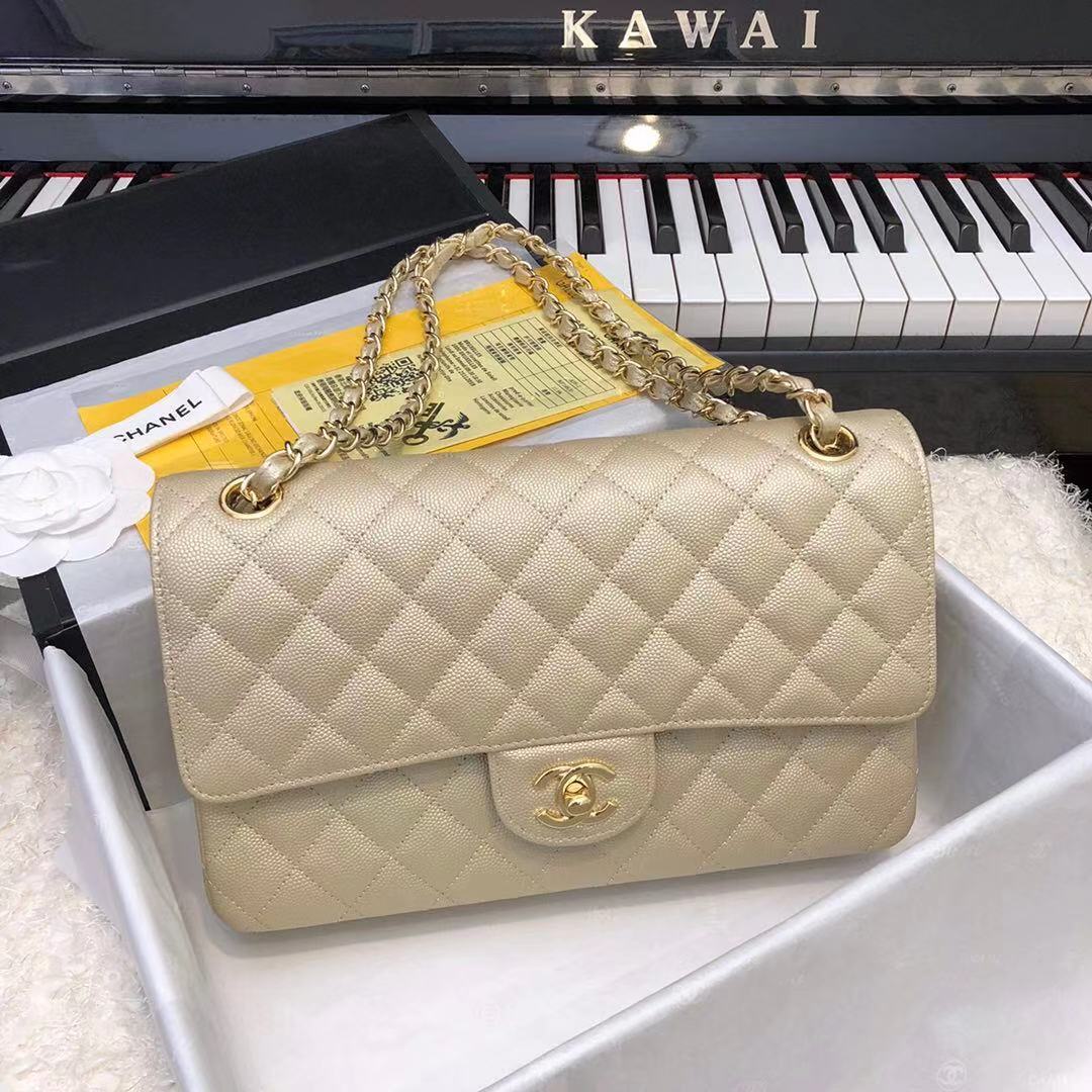 Chanel Classic Flap Bag Chevron Caviar Leather A01112A champagne