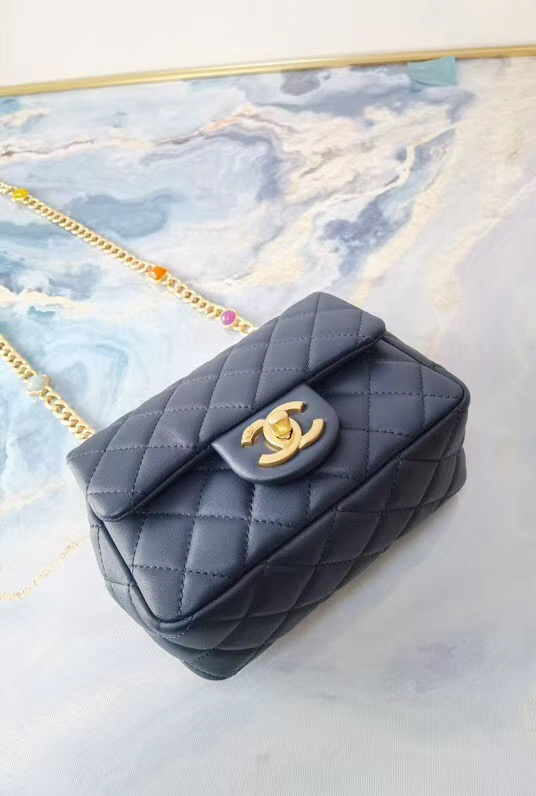 Chanel flap bag Lambskin Resin & Gold-Tone Metal AS2379 dark blue