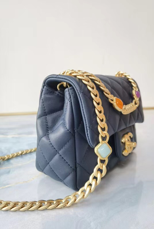 Chanel flap bag Lambskin Resin & Gold-Tone Metal AS2379 dark blue