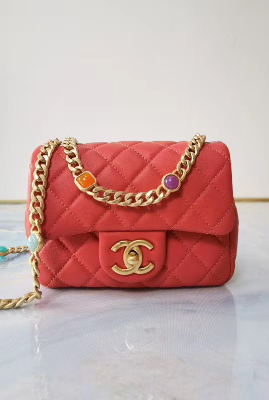 Chanel flap bag Lambskin Resin & Gold-Tone Metal AS2379 red