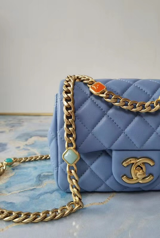 Chanel flap bag Lambskin Resin & Gold-Tone Metal AS2379 sky blue